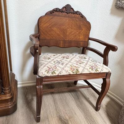 Antique Wood Armchair | Carved Crest Rail & Floral Upholstery
