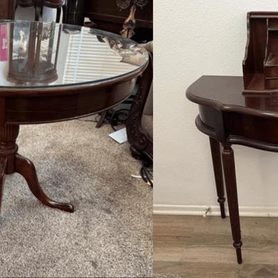 Bombay Co. Mahogany Hall Table with Organizer & Round Glass-Top Pedestal Table