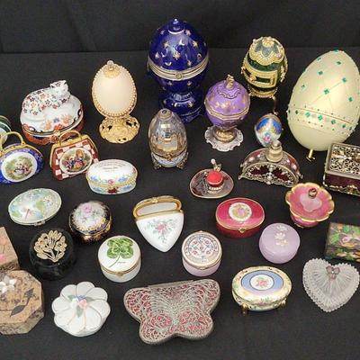 Lot of Decorative Trinket & Pill Boxes | Porcelain, Cloisonné, Jeweled Eggs & More