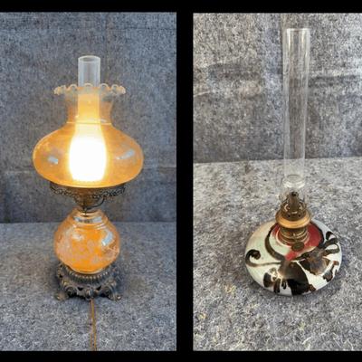 Vintage 1971 Leviton Electric Hurricane Lamp & Hand-Painted Mini Oil Lamp