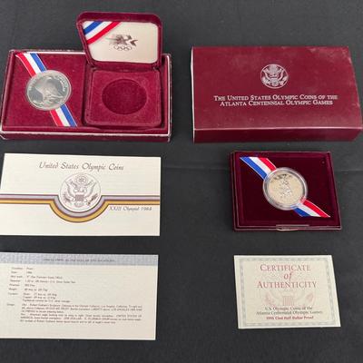 1984 Los Angeles Olympic Silver Dollar & 1995 Atlanta Olympic Proof Half Dollar w/ COAs & Boxes