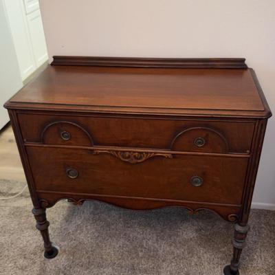 Antique Mahogany 2-Drawer Chest | Carved Apron & Turned Legs