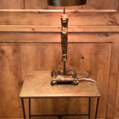 Gilt Bronze Figurine Antique Table Lamp & Hammered Copper Top Side Table