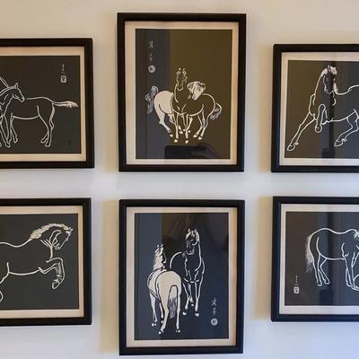 6 Sonan Noda Prints: Horses White on Black Wood Block Framed with Glass