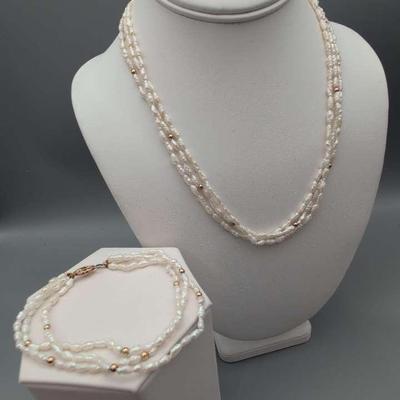 Rice Pearl Necklace and Bracelet