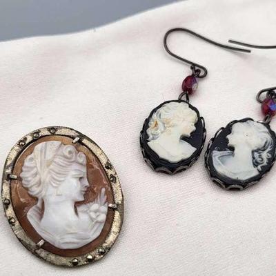 Cameo Pin and Earrings