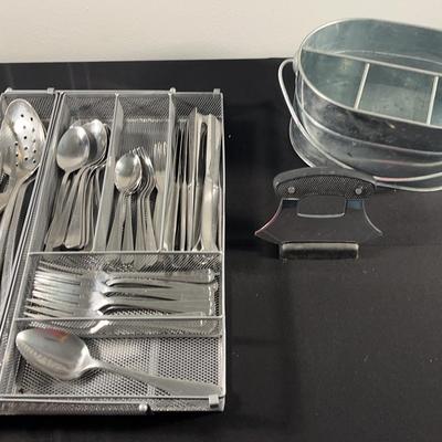 Stainless Steel Flatware, Utensil Caddy And Dough Cutter