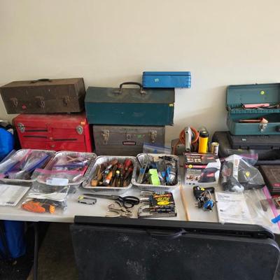 Sale Photo Thumbnail #60: Variety of tools and vintage tool boxes