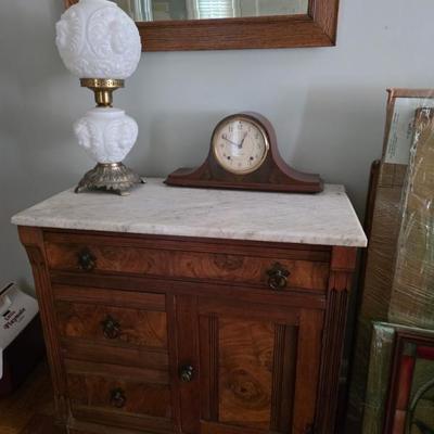 Sale Photo Thumbnail #36: Oak and marble table, cherub Milk glass antique lamp