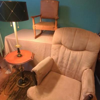 Beige Glider Rocking Chair, Vintage Child's Chair & Lamp Table