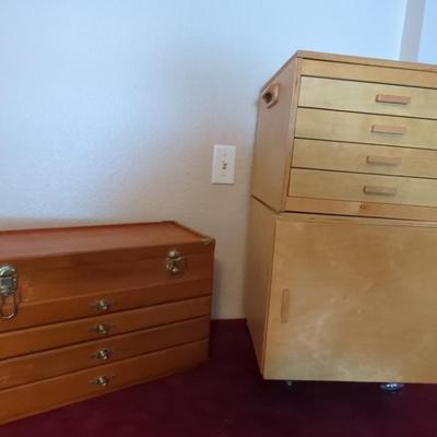 Solid Wood Utility Chest & Blond Wood Rolling Cabinet