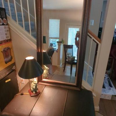 Tall Mirror, Faux Leather Bench & Rabbit Lamp
