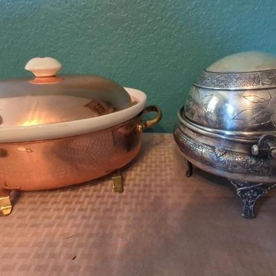 Vintage Copper & Porcelain Casserole Dish & Silver Plated Butter Server