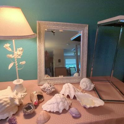 Mirror, Marble-Look Top Table, Lamp & Seashell Decor