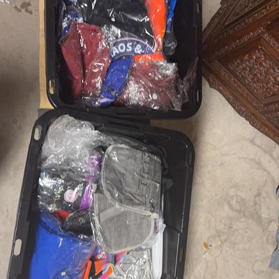 Scrubs Mystery Lot: Two Full Tubs of New Scrubs, Socks and Bags  