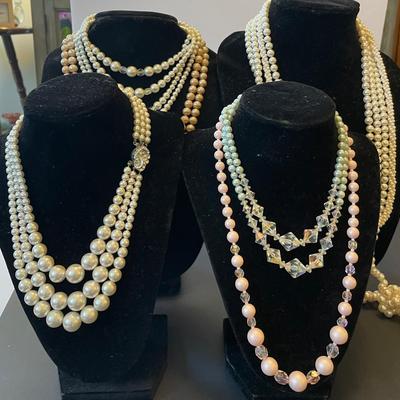 Lot of 8 Vintage Imitation Pearl Necklaces – Multi-Strand Glamour!