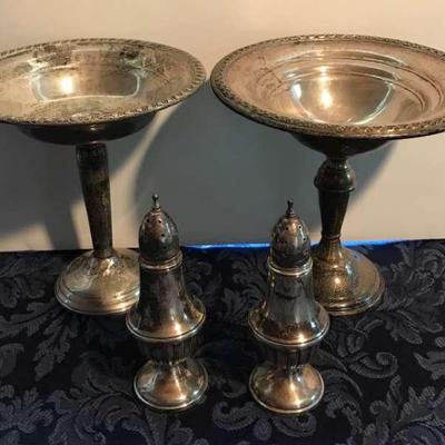 Pair Of Sterling Silver Weighted Compotes And Salt And Pepper Shakers Reinforced