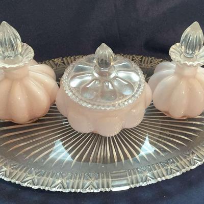 Pink Glass Vanity Set With Glass Tray