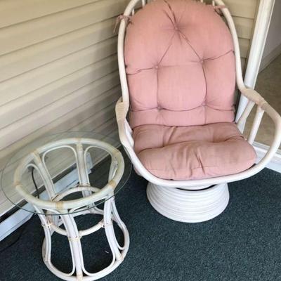 Rattan Swivel Chair And Glass Top Side Table