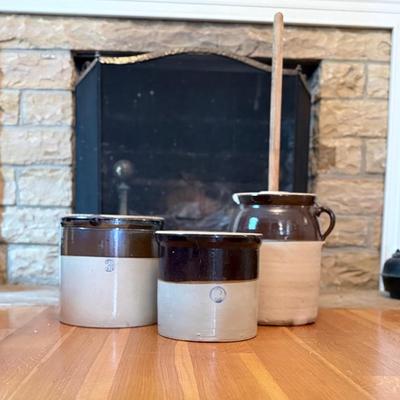 Glazed Stoneware Crocks And Churn