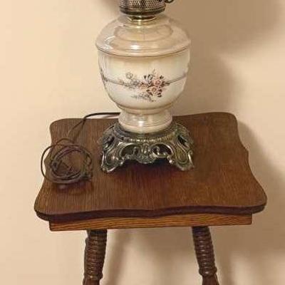 Vintage Oak Parlor Table And Lamp