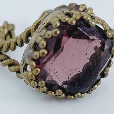 Medieval Revival Brass Twist Ring Amethyst Glass Adjustable 
