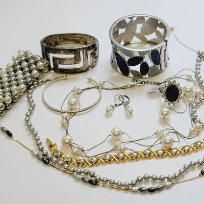 Blue Gray Silver and Gold Tone with Faux Pearls and Rhinestones Jewelry Selection