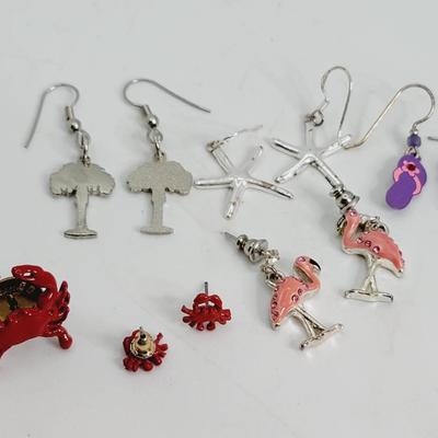 Beachy Jewelry Lot - Pin and Earrings Flamingos Crabs Palms and Starfish - Starfish are Sterling 