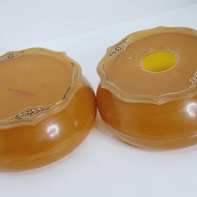 Amber Celluloid Powder Box And Hair Receiver 