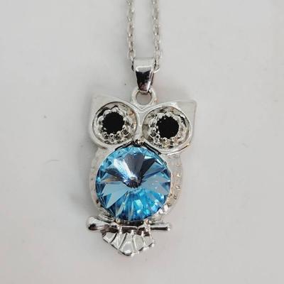 Owl Necklace Silver Tone with Blue Rhinestone Belly 