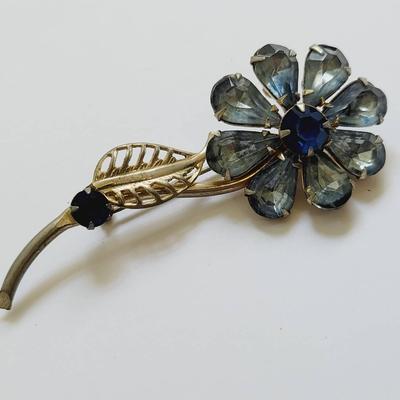 Blue Grey Rhinestone Floral Pin Brooch Vintage 