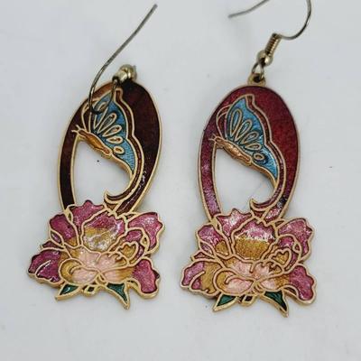 Cloisonne Butterfly Floral Earrings Vintage Enamel
