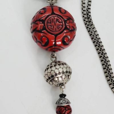 Chico's Asian Themed Double Sided Pendant Necklace Faux Cinnabar and Silver Tone
