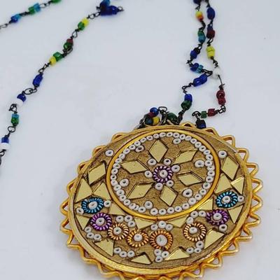 Mirror and Glass Medallion Necklace Vintage India