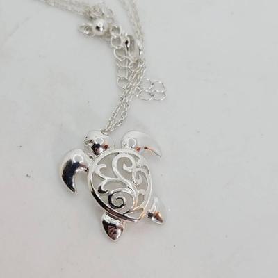 Sea Turtle Necklace Boho Silver Tone 