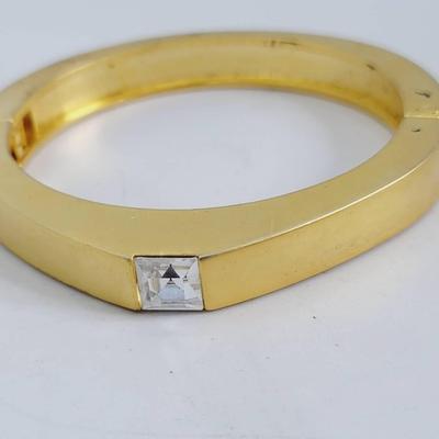 Gold Tone Mod Style Hinged Bracelet Solitaire Rhinestone 