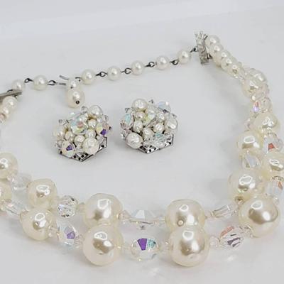 Textured Faux Pearl Aurora Borealis Demi Parure Necklace Earrings 