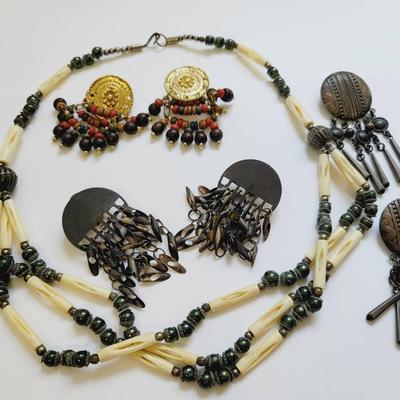 Bone Metal and Wood Southwest Boho Jewelry Lot Pierced and Clip Earrings