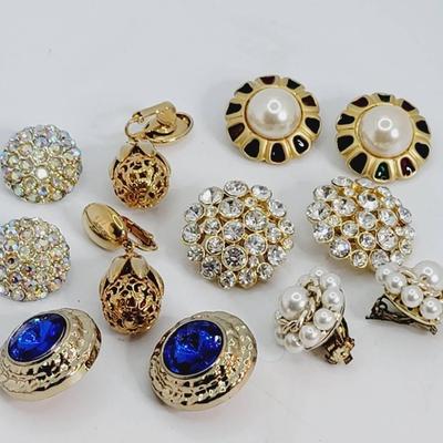 Statement Clip Earrings Rhinestone and Enamel 6pc Vintage 