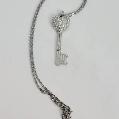 Key To Heart Rhinestone Necklace Stainless Steel