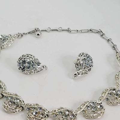 Coro Blue Rhinestone and Silver Tone Set Necklace & Earrings TLC 