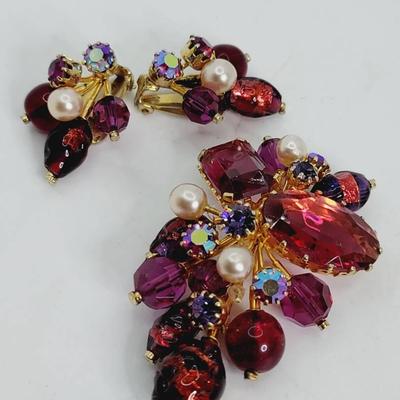 Kramer Austria Burgundy Demi Parure Pin Earrings Vintage 