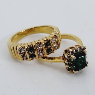 Green Rhinestone Faux Emerald Goldtone Rings 6.5 8.5