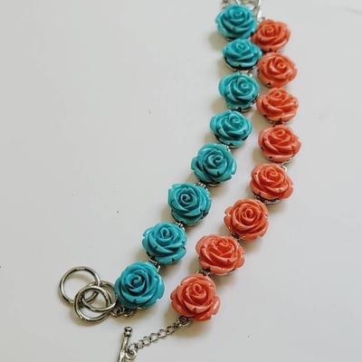 Molded Plastic Rose Bracelets Turquoise and Pink with  Silver Tone 