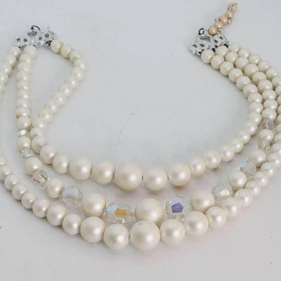 3 Strand Aurora Borealis and Faux Pearl Necklace 
