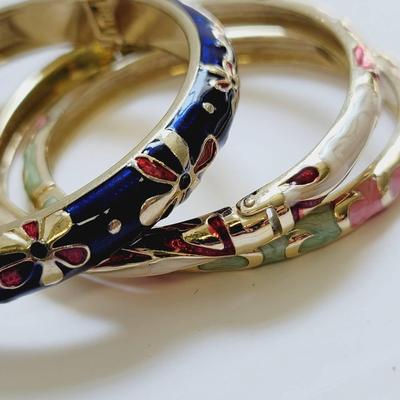 Enamel Floral Clamper Bangles Multi Color Gold Tone