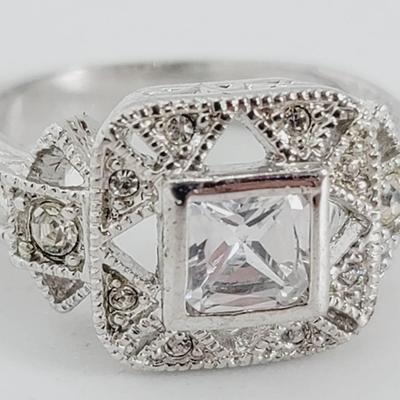 Art Deco Silvertone Cocktail Ring Sz 9