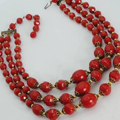 Bright Red 3 Strand Vintage Necklace 