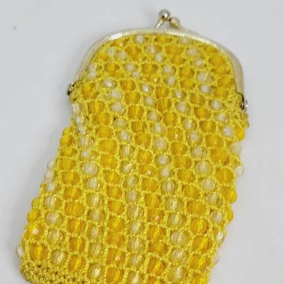 Beaded Hand Crocheted Yellow Coin Purse Vintage 