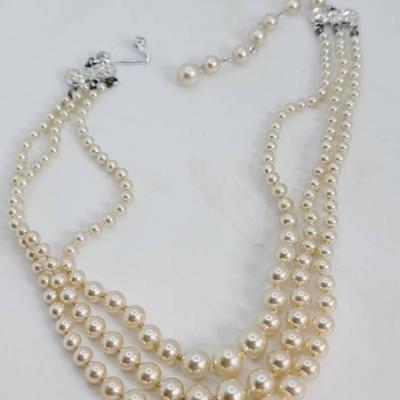 Glass Pearl 3 Strand Rhinestone Clasp Necklace 